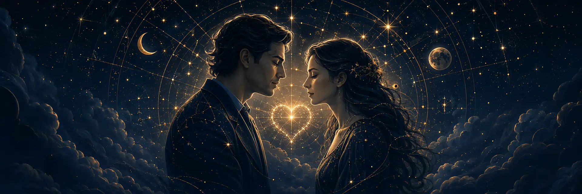 Deux silhouettes reliées par une constellation dorée