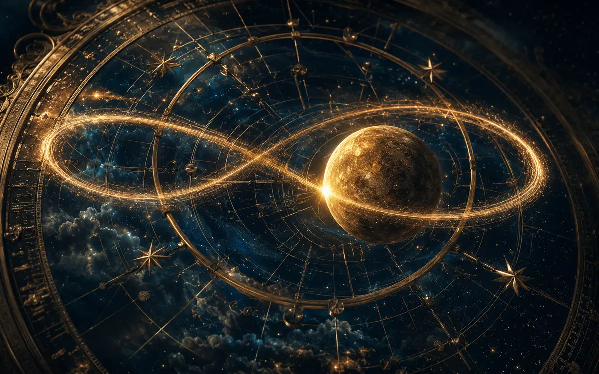 Mercure suivant une boucle lumineuse dans un astrolabe céleste