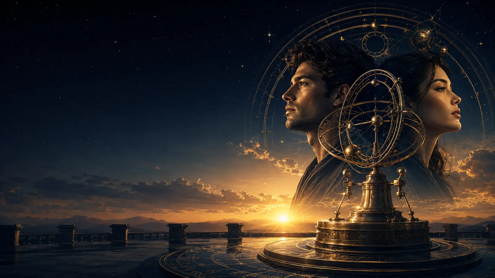 Deux profils devant un lever de soleil et un astrolabe