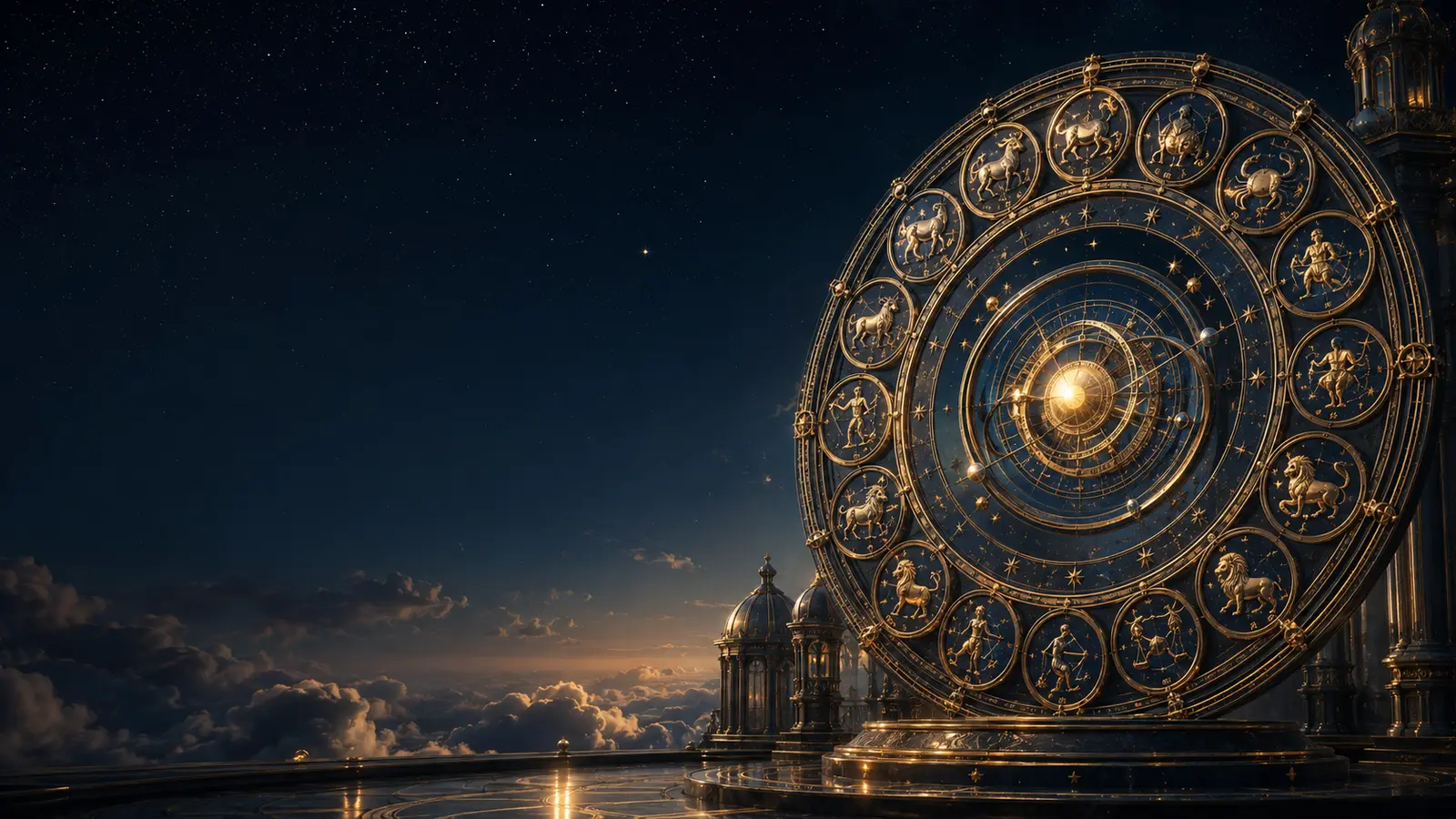 Grande roue du zodiaque dorée dans un ciel étoilé