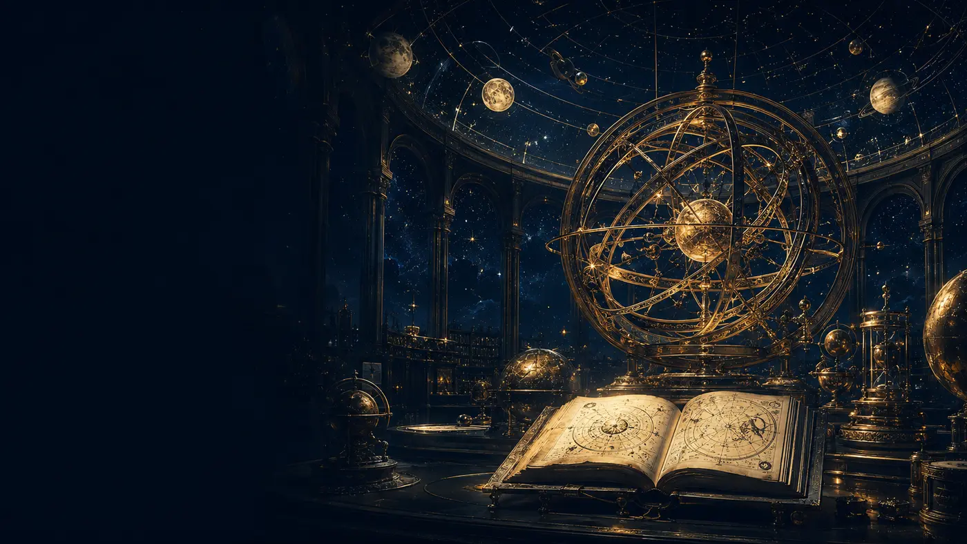 Bibliothèque céleste avec armillaire et manuscrit astrologique
