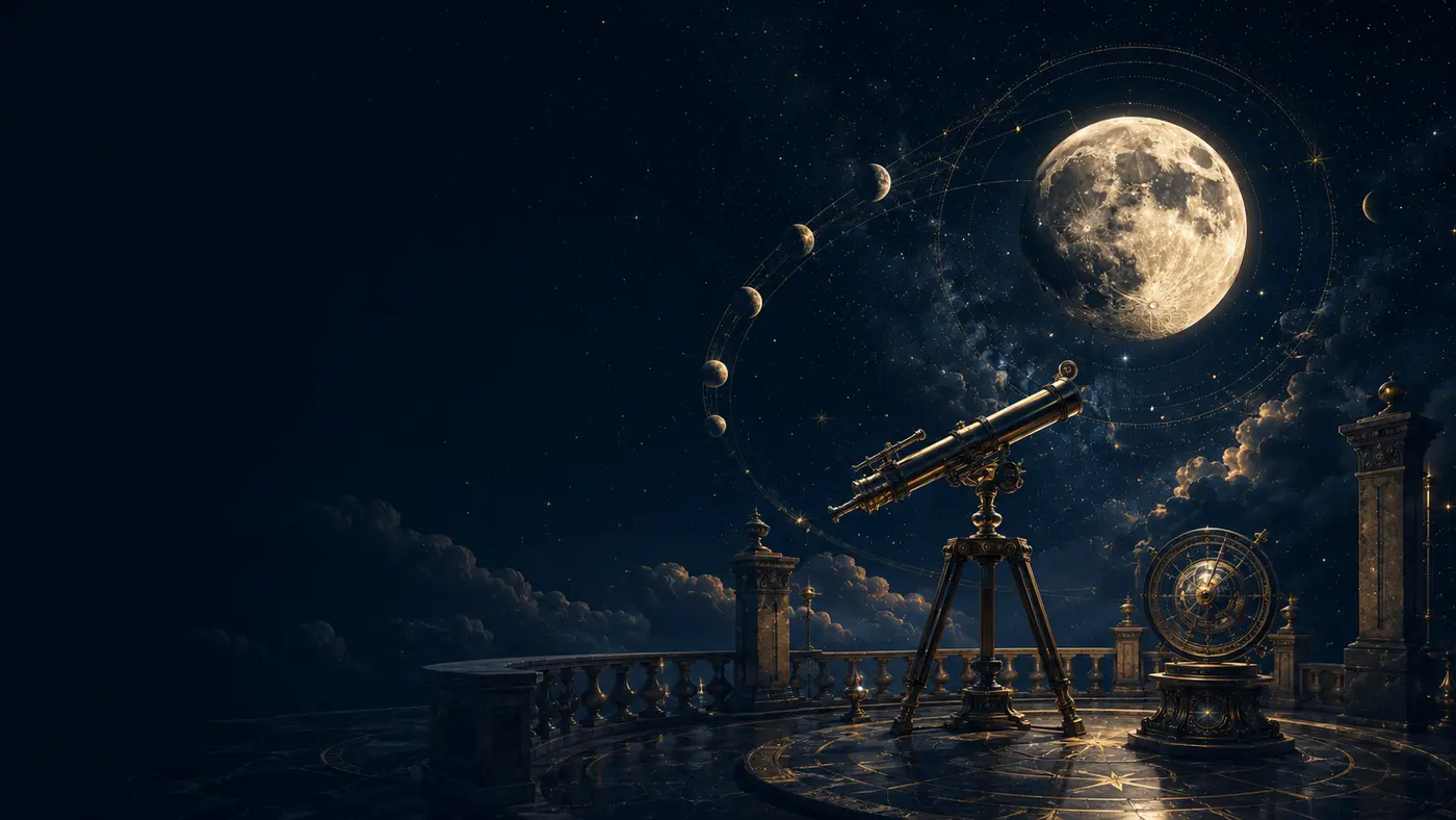 Lune réaliste, phases lunaires et télescope dans un observatoire