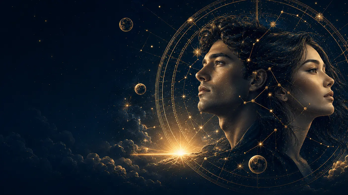 Profils humains au cœur d’une roue zodiacale dorée